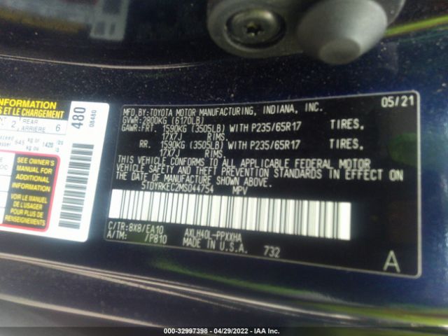 Photo 8 VIN: 5TDYRKEC2MS044754 - TOYOTA SIENNA 