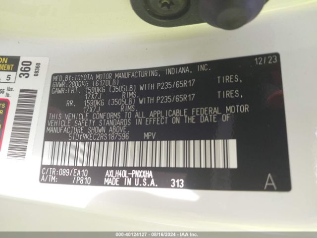 Photo 8 VIN: 5TDYRKEC2RS187596 - TOYOTA SIENNA 