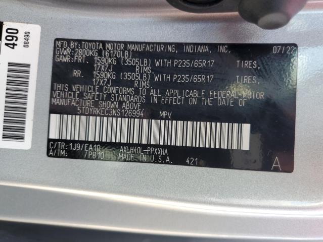 Photo 12 VIN: 5TDYRKEC3NS126994 - TOYOTA SIENNA XLE 