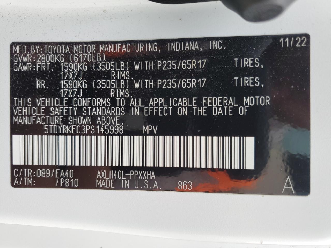 Photo 11 VIN: 5TDYRKEC3PS145998 - TOYOTA SIENNA 