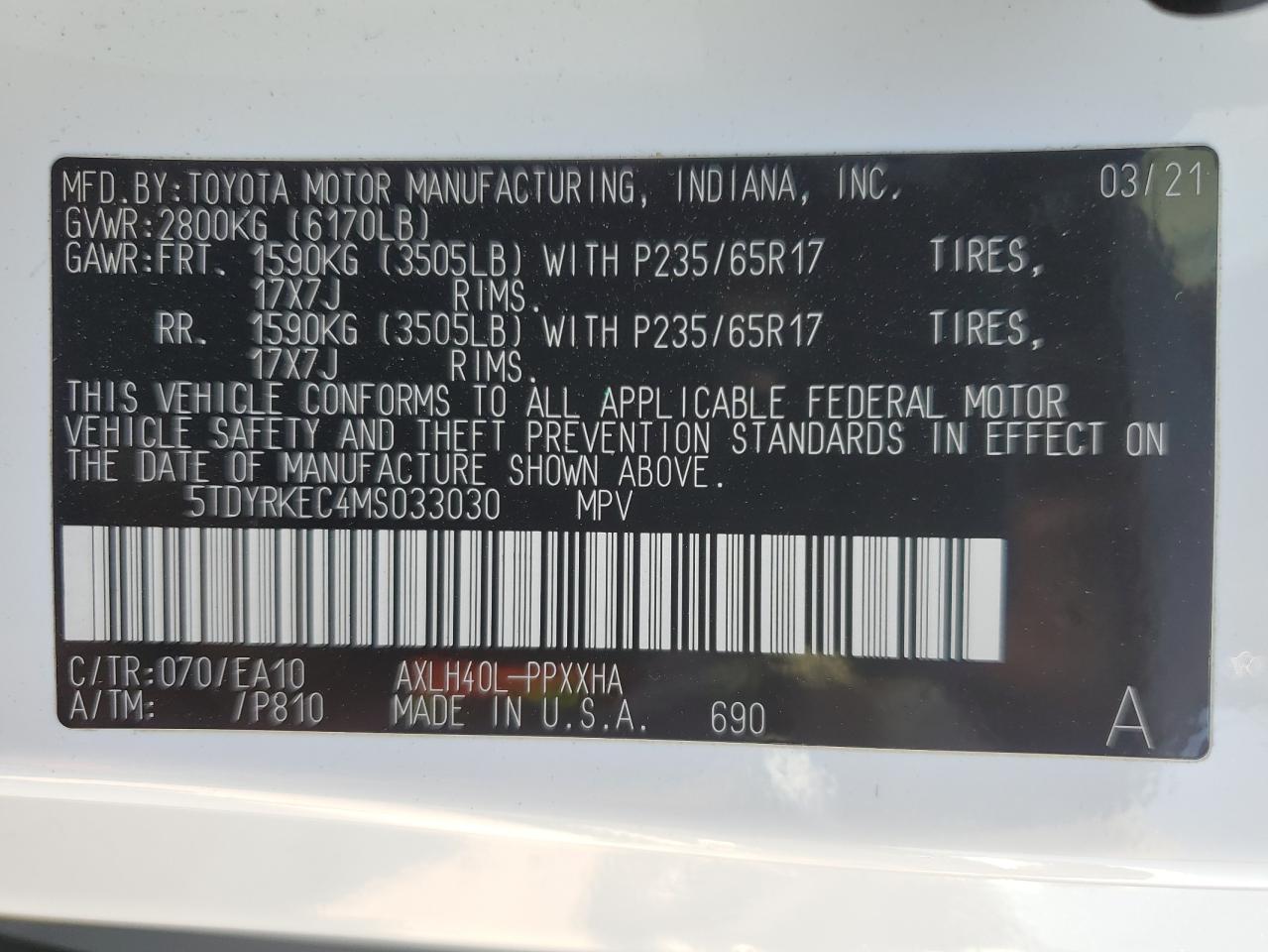 Photo 12 VIN: 5TDYRKEC4MS033030 - TOYOTA SIENNA 