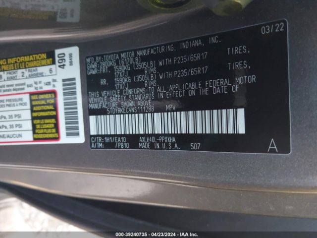 Photo 8 VIN: 5TDYRKEC4NS111288 - TOYOTA SIENNA 