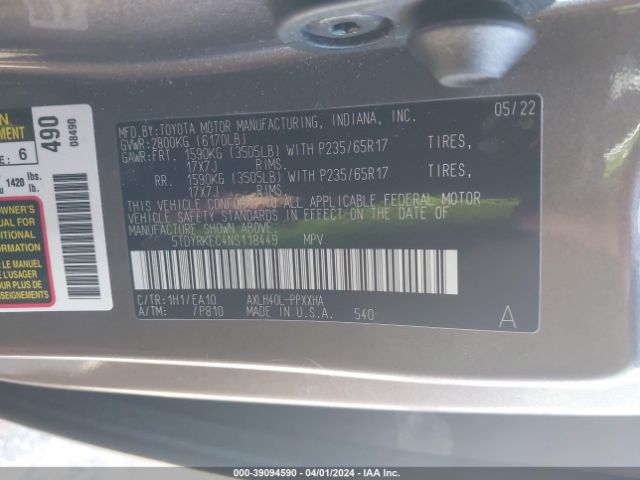 Photo 8 VIN: 5TDYRKEC4NS118449 - TOYOTA SIENNA 