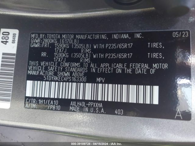 Photo 8 VIN: 5TDYRKEC4PS163300 - TOYOTA SIENNA 