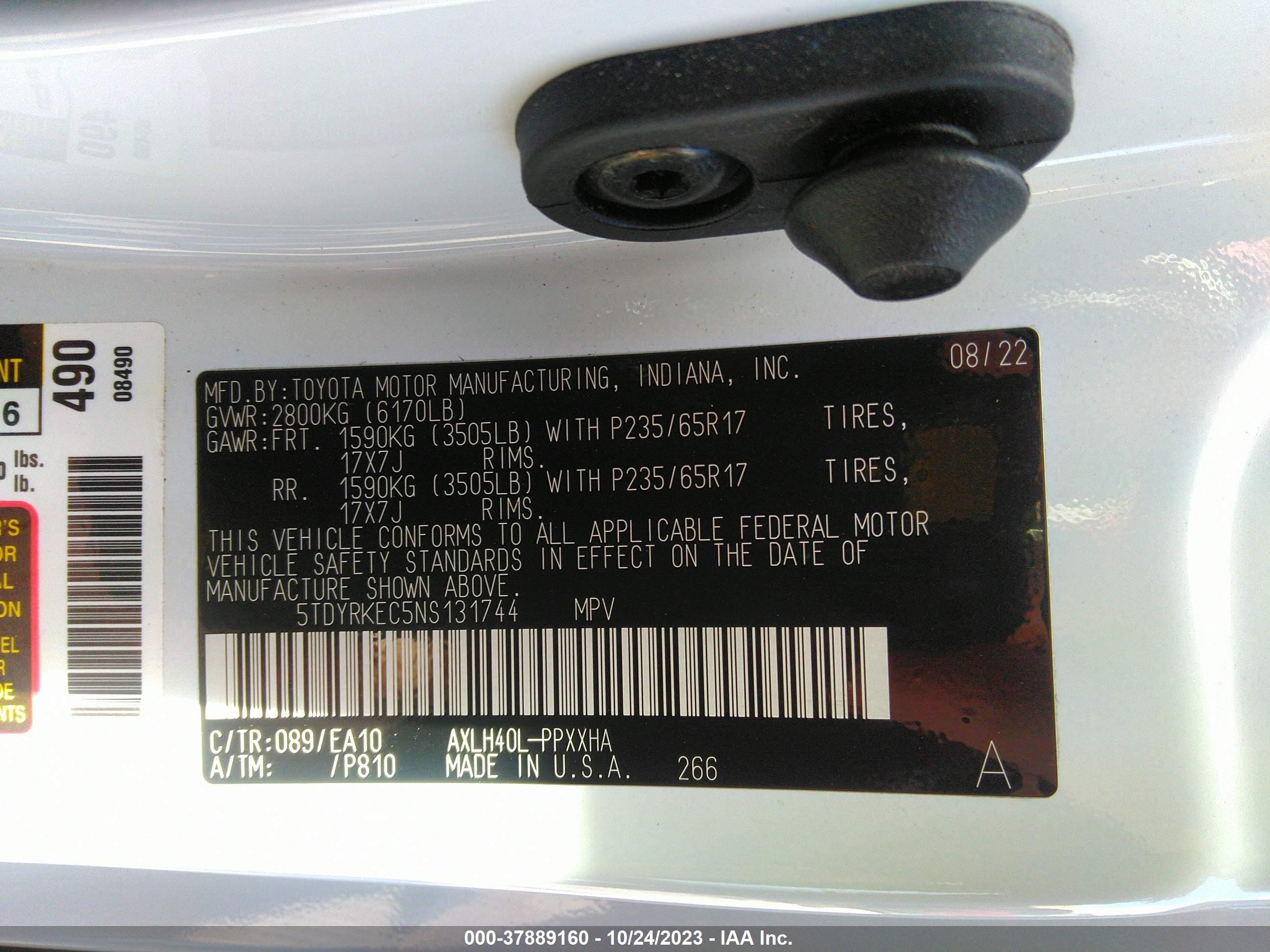 Photo 8 VIN: 5TDYRKEC5NS131744 - TOYOTA SIENNA 