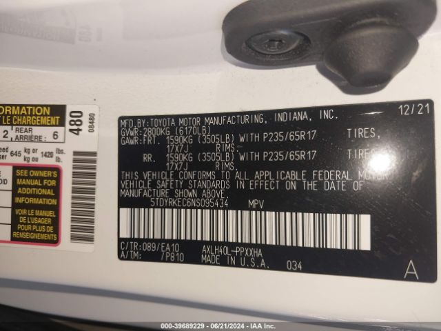 Photo 8 VIN: 5TDYRKEC6NS095434 - TOYOTA SIENNA 