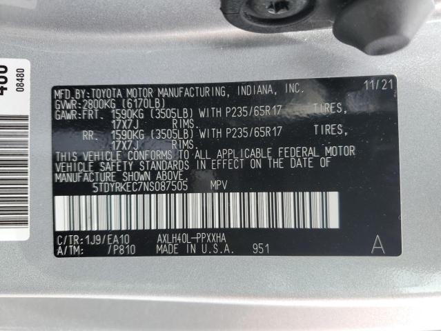 Photo 13 VIN: 5TDYRKEC7NS087505 - TOYOTA SIENNA XLE 