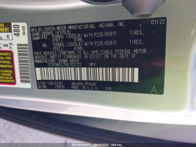 Photo 8 VIN: 5TDYRKEC7NS102312 - TOYOTA SIENNA 