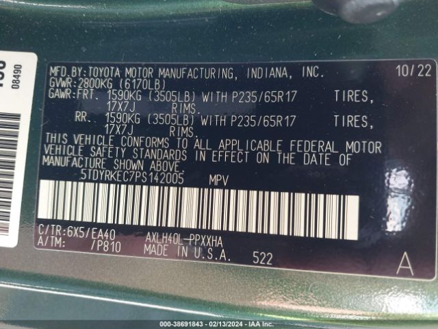 Photo 8 VIN: 5TDYRKEC7PS142005 - TOYOTA SIENNA 