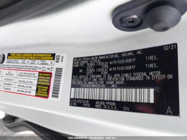 Photo 8 VIN: 5TDYRKEC9MS026185 - TOYOTA SIENNA XLE 