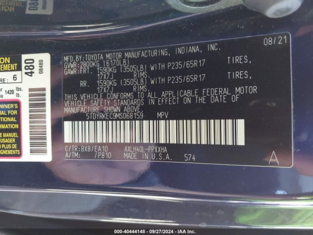 Photo 8 VIN: 5TDYRKEC9MS068159 - TOYOTA SIENNA 