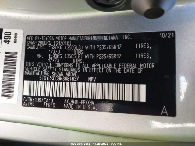 Photo 8 VIN: 5TDYRKEC9NS084637 - TOYOTA SIENNA 