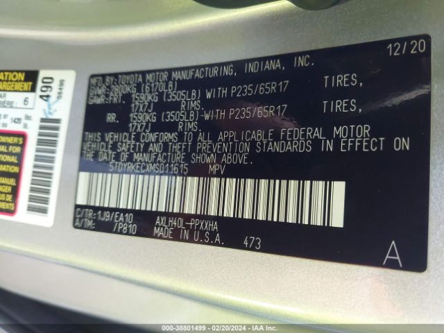 Photo 8 VIN: 5TDYRKECXMS011615 - TOYOTA SIENNA XLE 