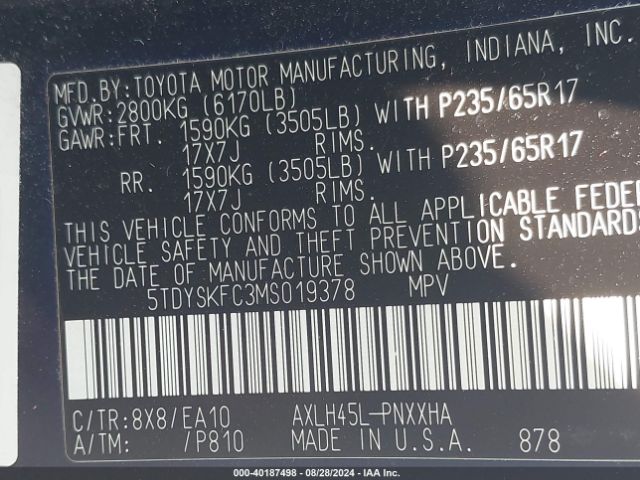 Photo 8 VIN: 5TDYSKFC3MS019378 - TOYOTA SIENNA 