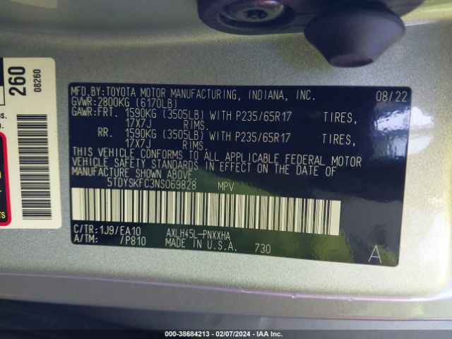 Photo 8 VIN: 5TDYSKFC3NS069828 - TOYOTA SIENNA 