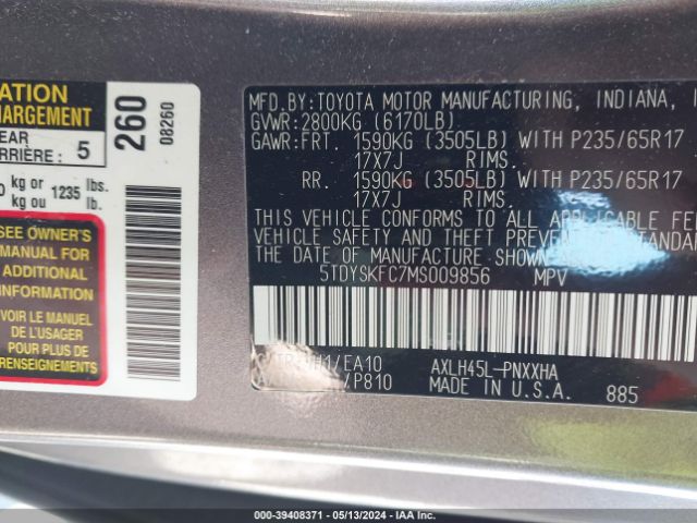 Photo 8 VIN: 5TDYSKFC7MS009856 - TOYOTA SIENNA 