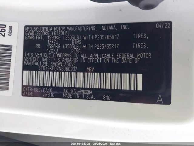 Photo 8 VIN: 5TDYSKFC7NS060937 - TOYOTA SIENNA 