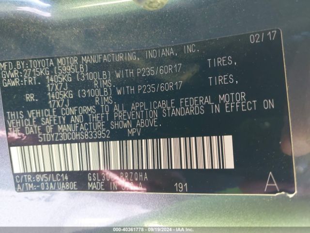 Photo 8 VIN: 5TDYZ3DC0HS833952 - TOYOTA SIENNA 