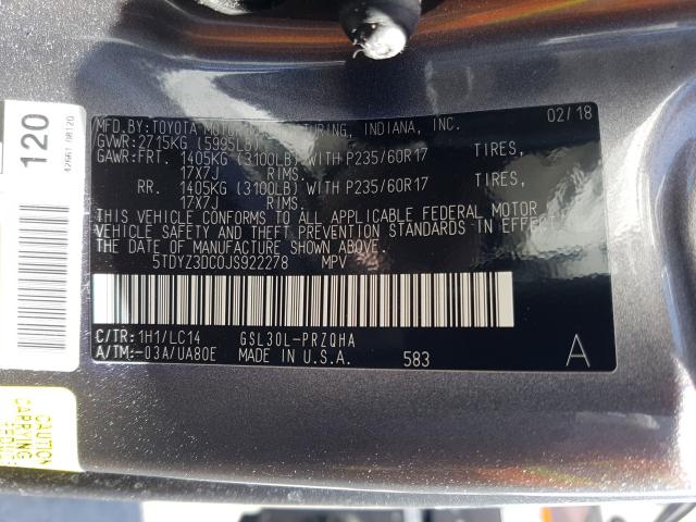 Photo 9 VIN: 5TDYZ3DC0JS922278 - TOYOTA SIENNA XLE 