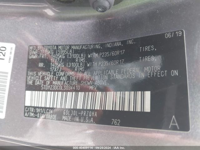 Photo 8 VIN: 5TDYZ3DC0LS034410 - TOYOTA SIENNA 