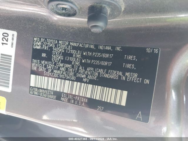 Photo 8 VIN: 5TDYZ3DC1HS794580 - TOYOTA SIENNA 