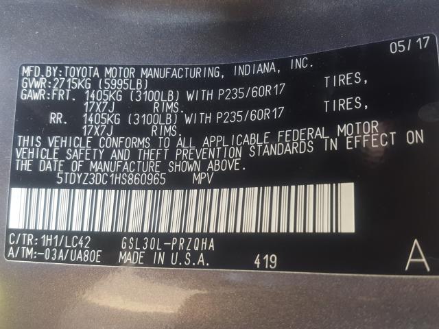 Photo 9 VIN: 5TDYZ3DC1HS860965 - TOYOTA SIENNA XLE 