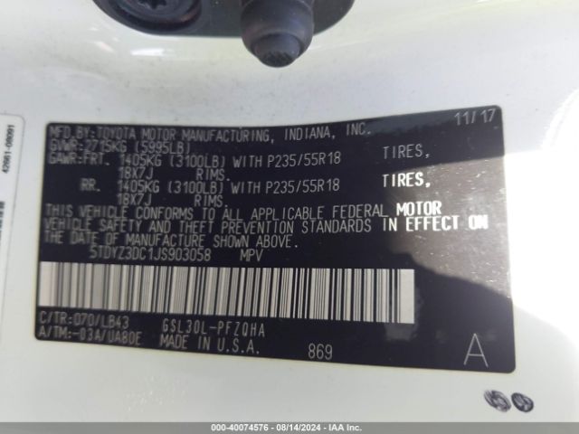 Photo 8 VIN: 5TDYZ3DC1JS903058 - TOYOTA SIENNA 