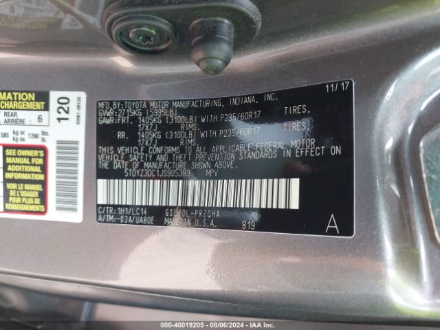 Photo 8 VIN: 5TDYZ3DC1JS905389 - TOYOTA SIENNA 