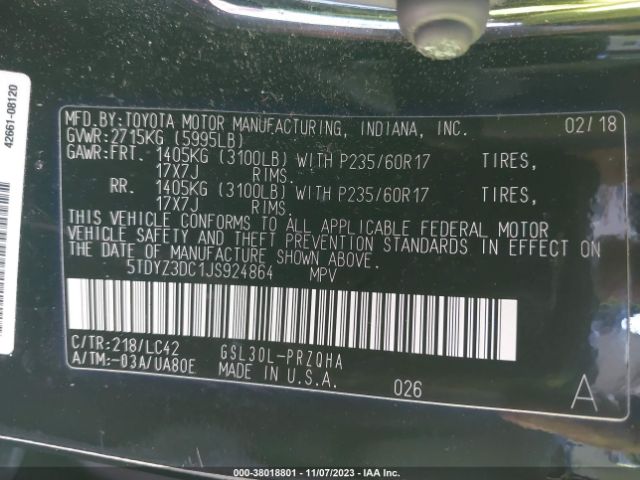 Photo 8 VIN: 5TDYZ3DC1JS924864 - TOYOTA SIENNA 