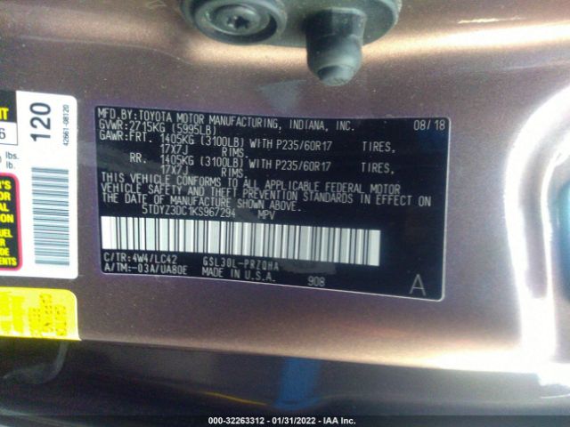 Photo 8 VIN: 5TDYZ3DC1KS967294 - TOYOTA SIENNA 