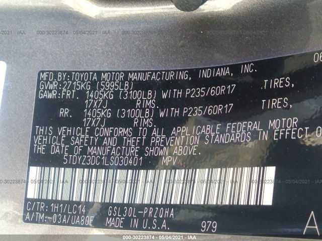 Photo 8 VIN: 5TDYZ3DC1LS030401 - TOYOTA SIENNA 