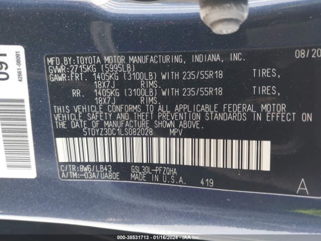 Photo 8 VIN: 5TDYZ3DC1LS082028 - TOYOTA SIENNA 