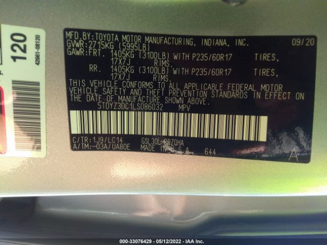 Photo 8 VIN: 5TDYZ3DC1LS086032 - TOYOTA SIENNA 