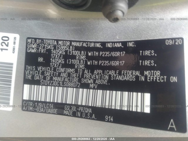 Photo 8 VIN: 5TDYZ3DC1LS088072 - TOYOTA SIENNA 