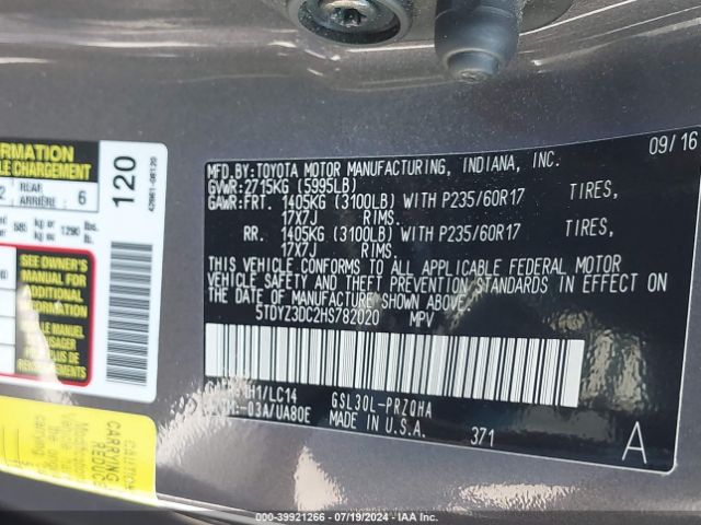 Photo 8 VIN: 5TDYZ3DC2HS782020 - TOYOTA SIENNA 