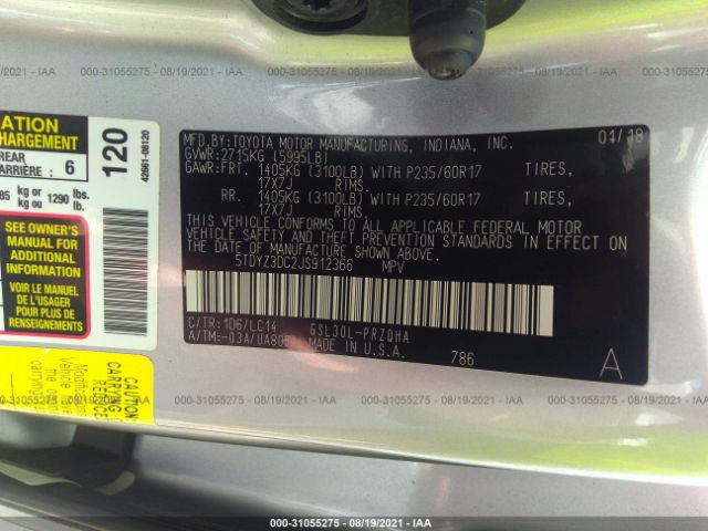 Photo 8 VIN: 5TDYZ3DC2JS912366 - TOYOTA SIENNA 