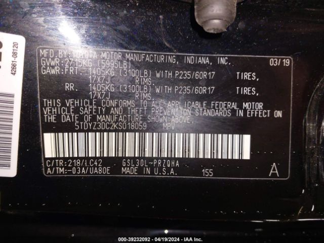 Photo 8 VIN: 5TDYZ3DC2KS018059 - TOYOTA SIENNA 