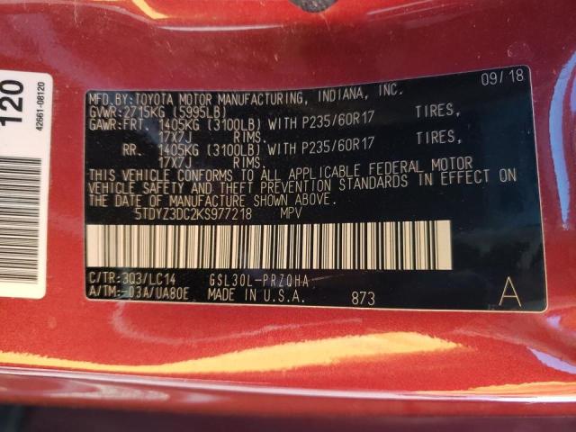 Photo 9 VIN: 5TDYZ3DC2KS977218 - TOYOTA SIENNA XLE 