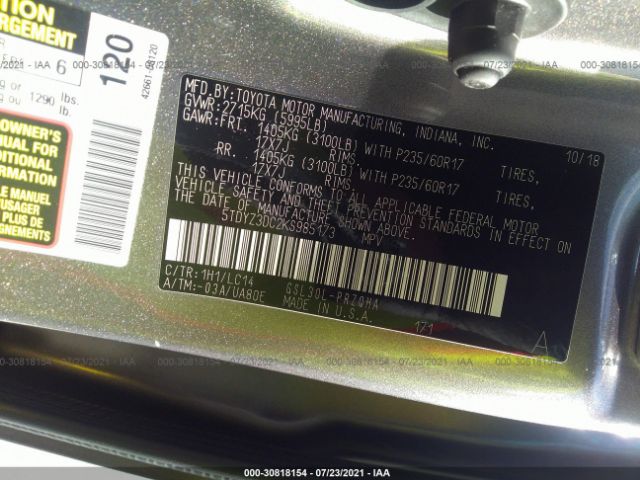 Photo 8 VIN: 5TDYZ3DC2KS985173 - TOYOTA SIENNA 