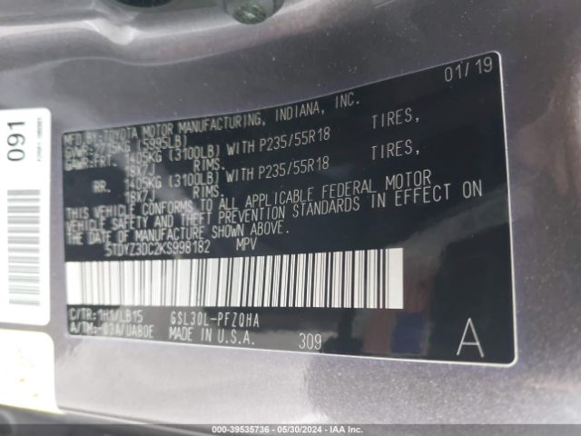 Photo 8 VIN: 5TDYZ3DC2KS998182 - TOYOTA SIENNA 