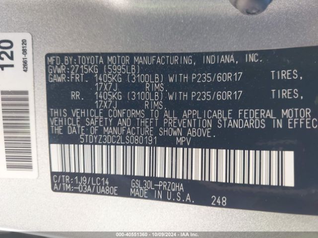 Photo 8 VIN: 5TDYZ3DC2LS080191 - TOYOTA SIENNA 