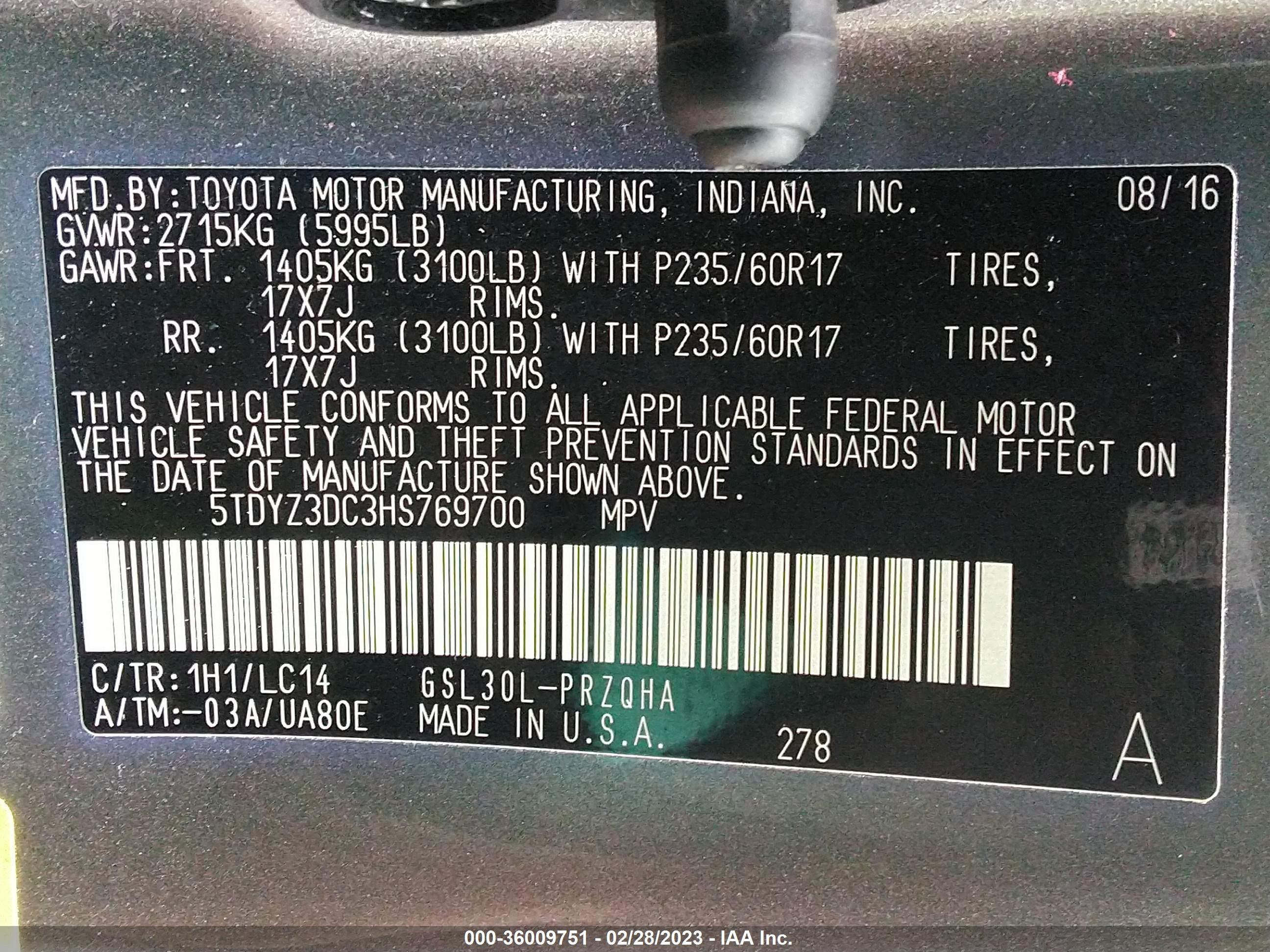 Photo 8 VIN: 5TDYZ3DC3HS769700 - TOYOTA SIENNA 