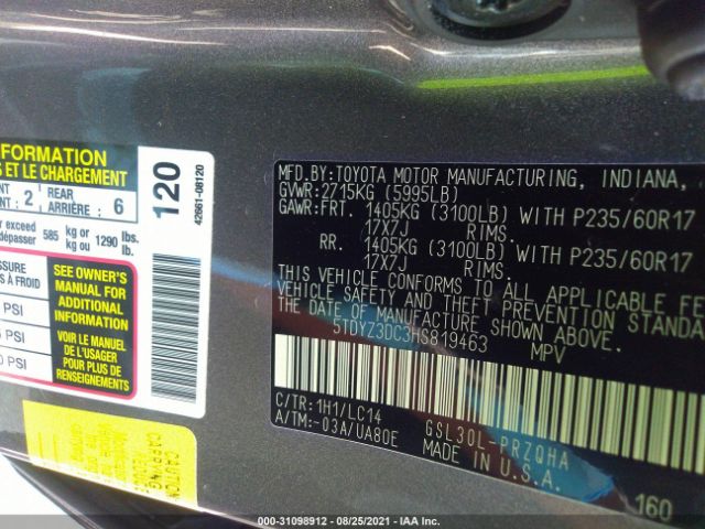 Photo 8 VIN: 5TDYZ3DC3HS819463 - TOYOTA SIENNA 