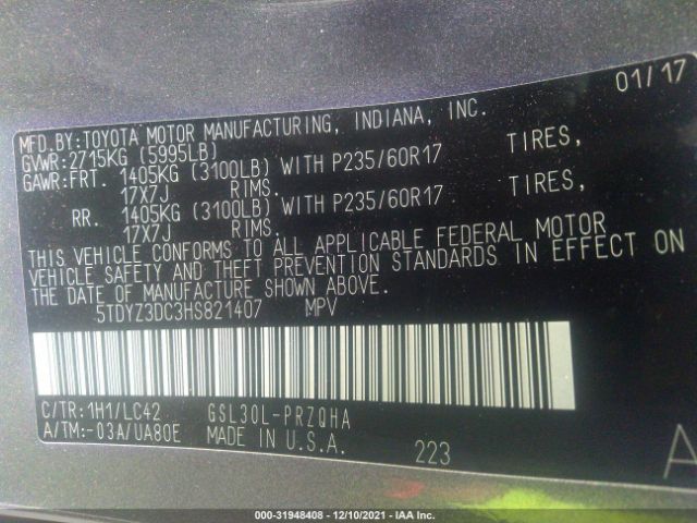 Photo 8 VIN: 5TDYZ3DC3HS821407 - TOYOTA SIENNA 