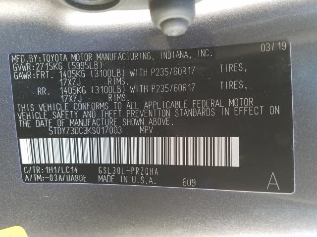 Photo 9 VIN: 5TDYZ3DC3KS017003 - TOYOTA SIENNA XLE 