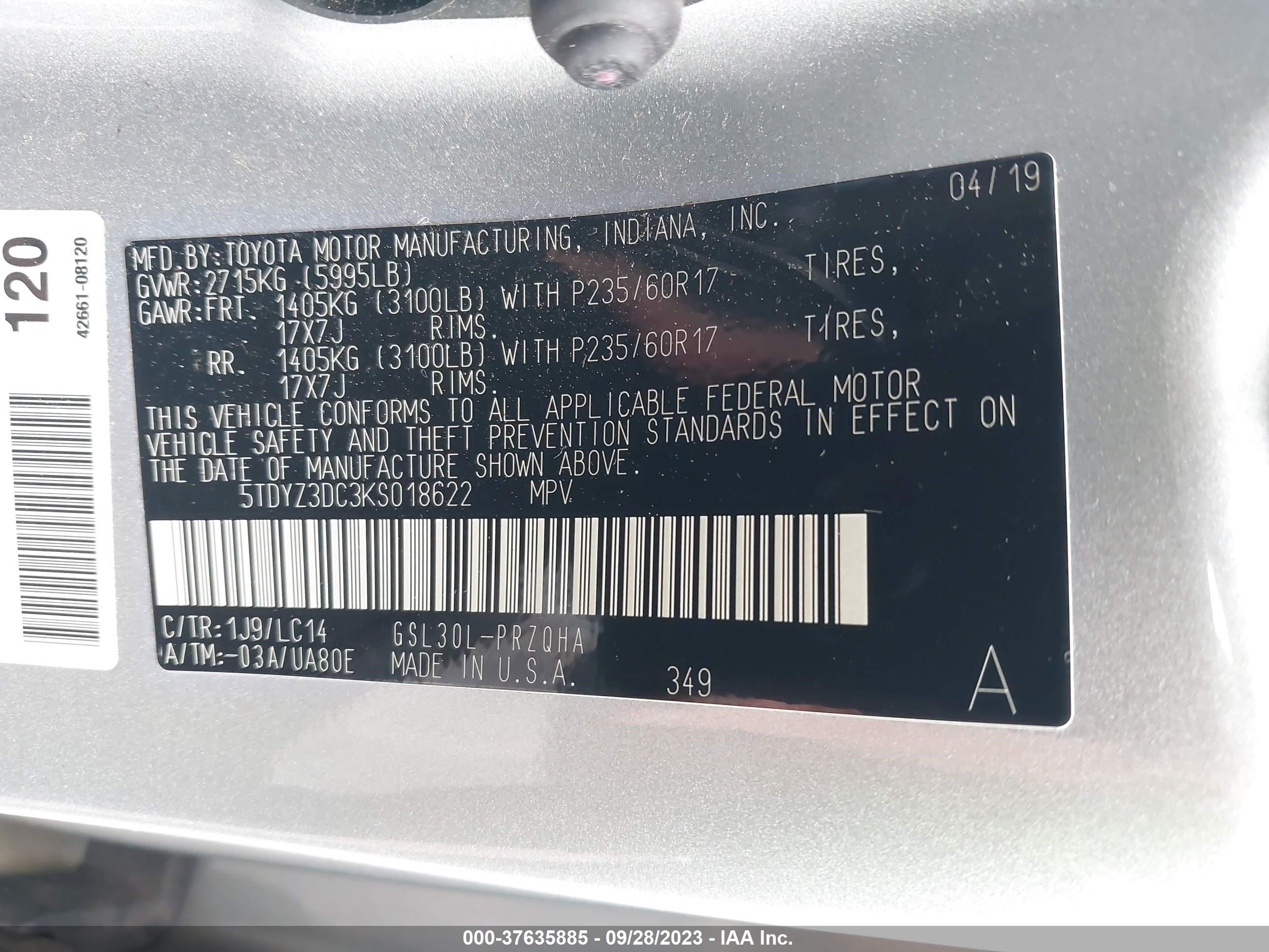 Photo 8 VIN: 5TDYZ3DC3KS018622 - TOYOTA SIENNA 