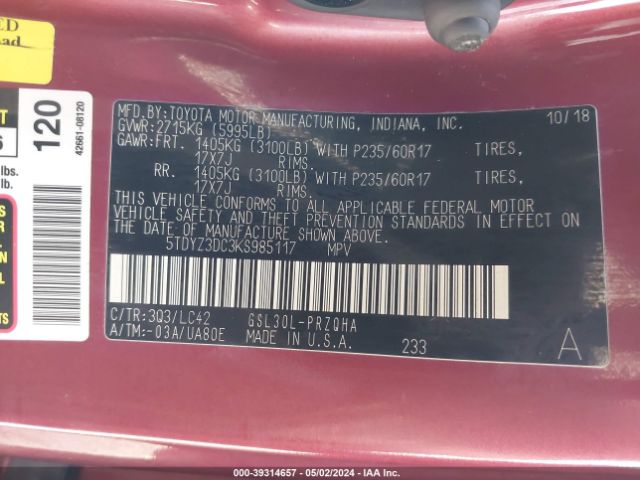 Photo 8 VIN: 5TDYZ3DC3KS985117 - TOYOTA SIENNA 