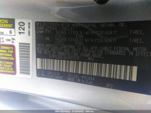 Photo 8 VIN: 5TDYZ3DC3LS031517 - TOYOTA SIENNA 