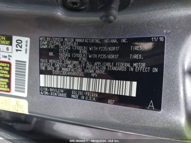 Photo 8 VIN: 5TDYZ3DC4HS800565 - TOYOTA SIENNA 