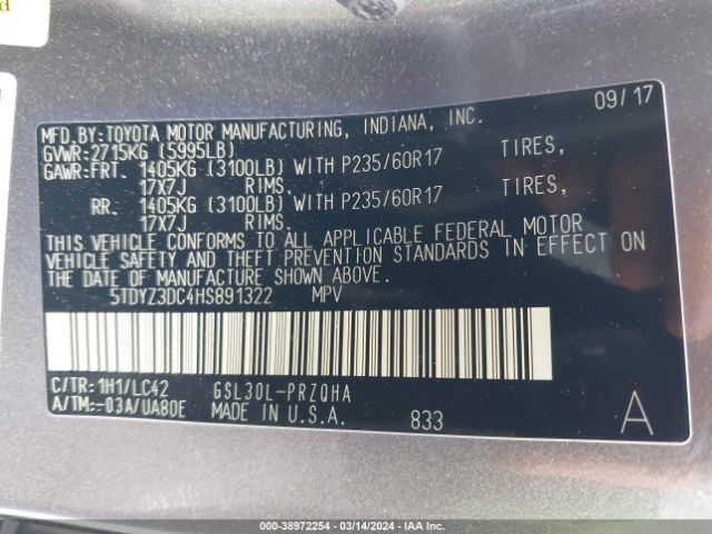 Photo 8 VIN: 5TDYZ3DC4HS891322 - TOYOTA SIENNA 